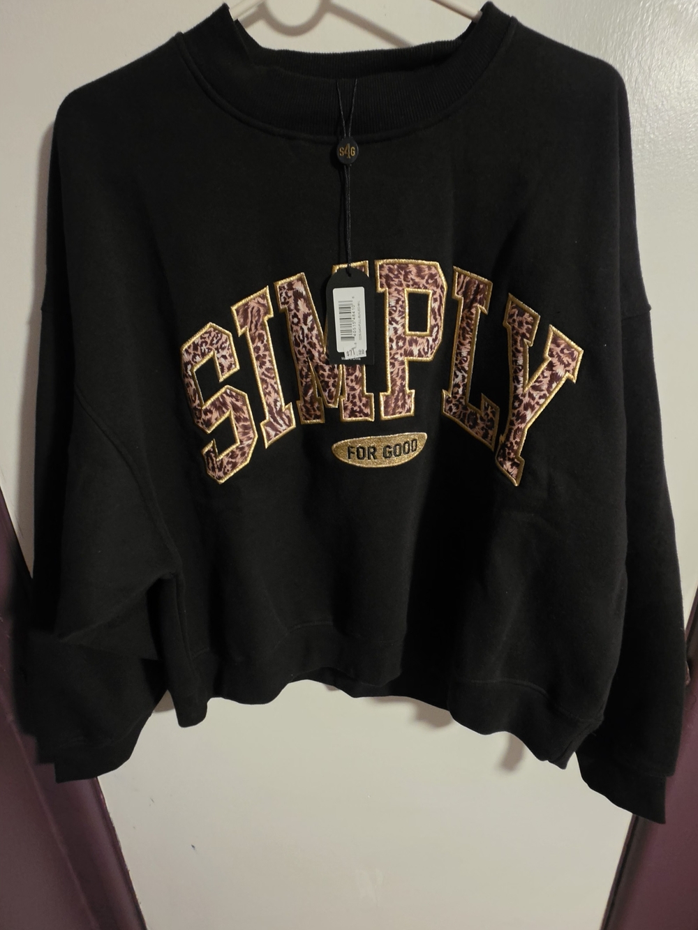 Simply Southern Black Crewneck Sweatshirt with Leopard and Gold Trim
